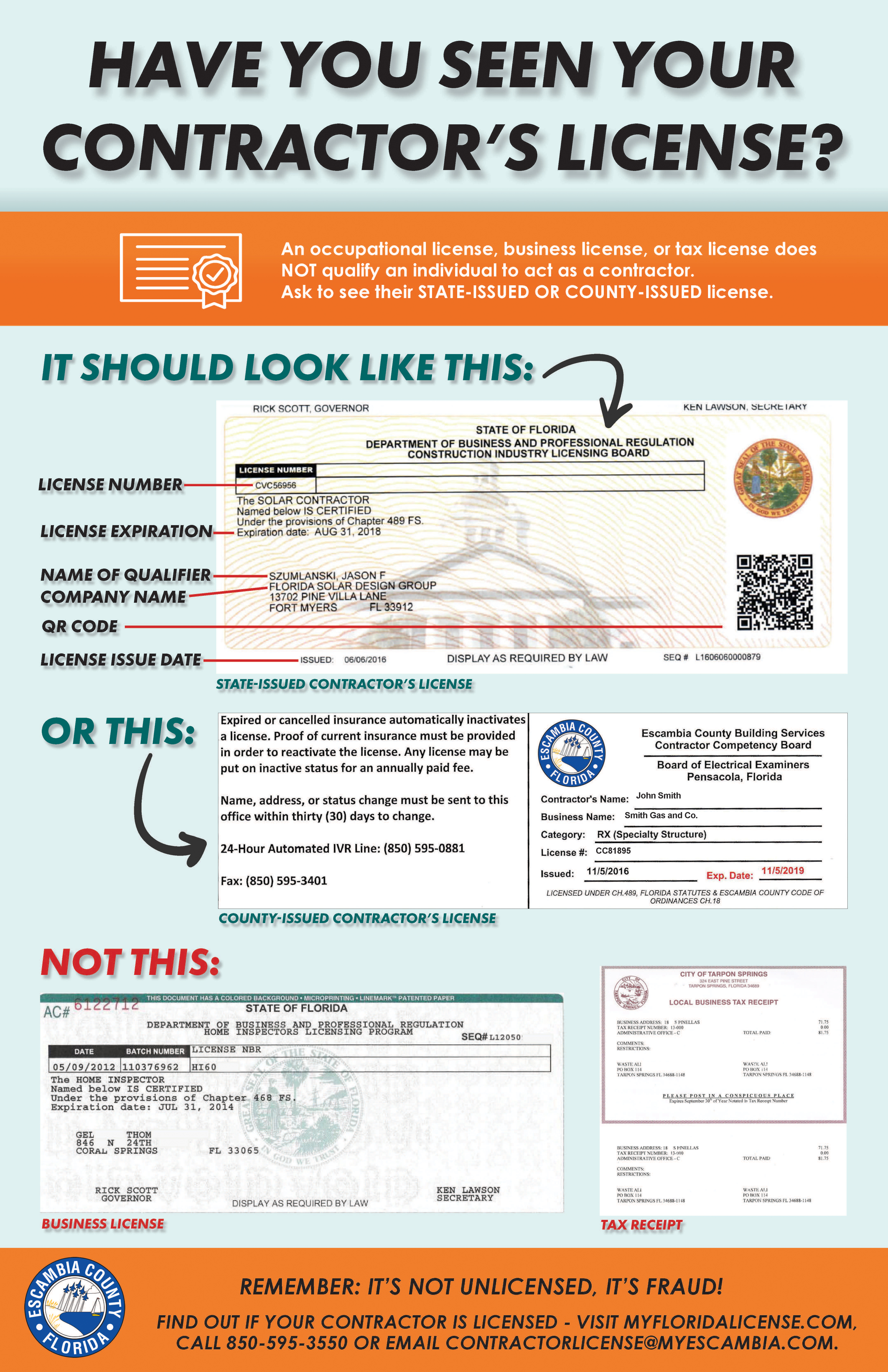 Have You Seen Your Contractor's License Poster Infographic explaining how to identify a valid contractor license and distinguish it from other documents.