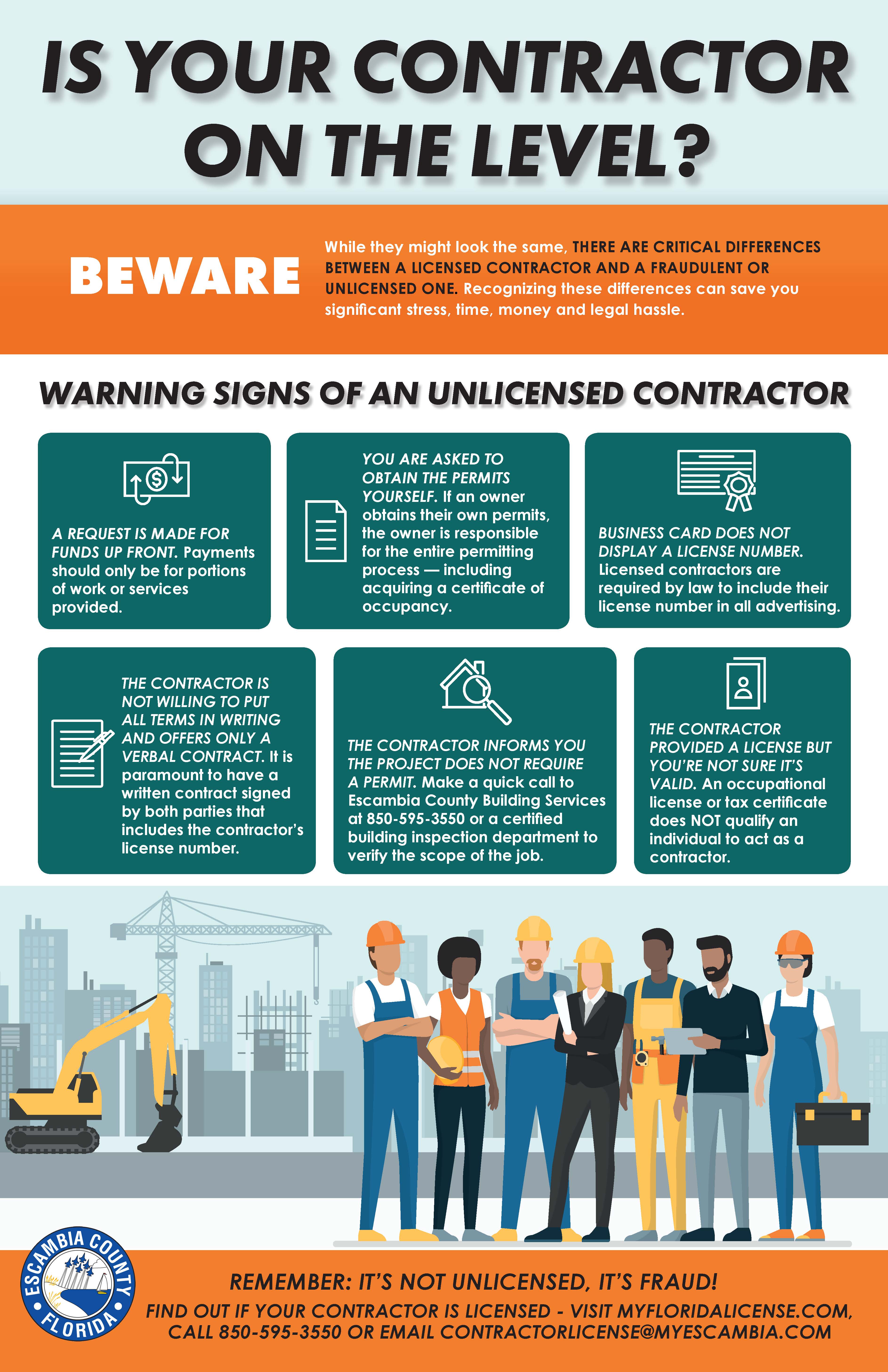 Warning Signs of Unlicensed Contractor Poster Infographic showing warning signs of an unlicensed contractor and how to verify licensing.