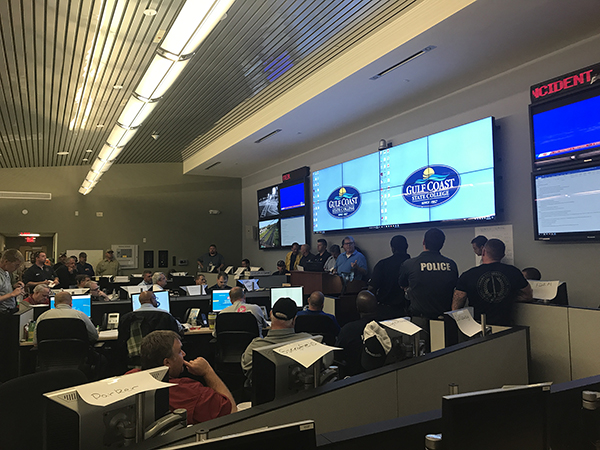 Escambia County staff and other emergency responders work in the Bay County Emergency Operations Center in Bay County, Florida.